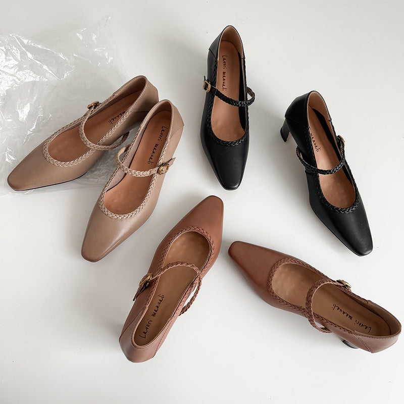 Karin Luna Braided Element Design Chunky Heel Square Toe Single Strap Shoes