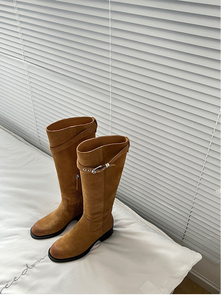 Karin Luna Chunky Heels Round Head Belt Buckle  Fashionable Suede Boots