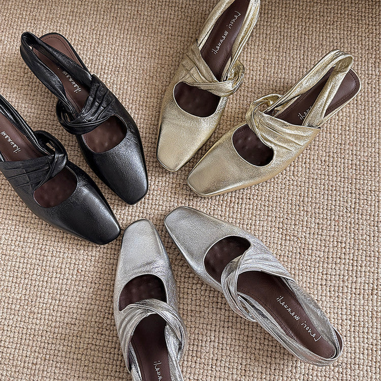 Karin Luna In Stock  Spot Goods Small Square Toe Wrinkled Chunky Heel Closed-Toe Sandals