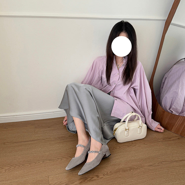 Karin Luna In Stock Spot Goods  Vintage Full Leather Square Toe Rhinestone Strap Shallow Mouth Single Shoes