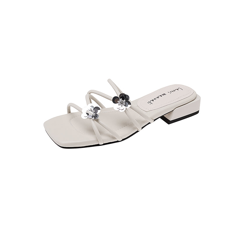 Karin Luna In Stock    Spot Goods    Square Toe One-Strap Sequin Flower Flat Slippers