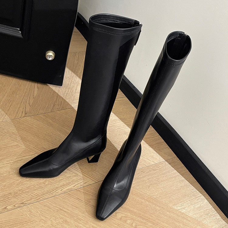 Karin Luna In Stock In Stock  Square Toe Chunky Heel Korean Style Elegant Long Boots