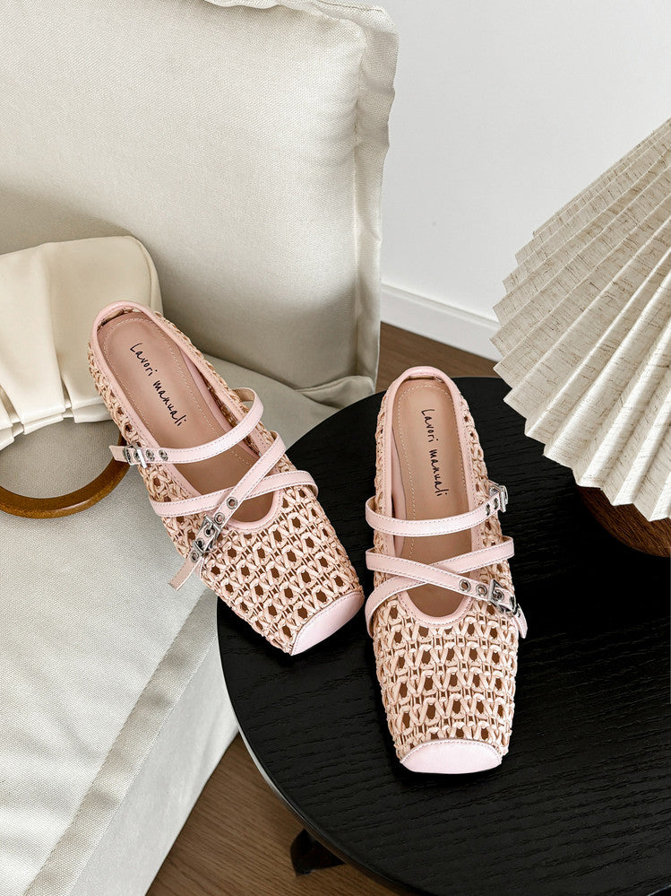 Karin Luna In Stock Spot Goods  Hot-Selling Square-Toe Woven Pig Nose Closed-Toe Slippers