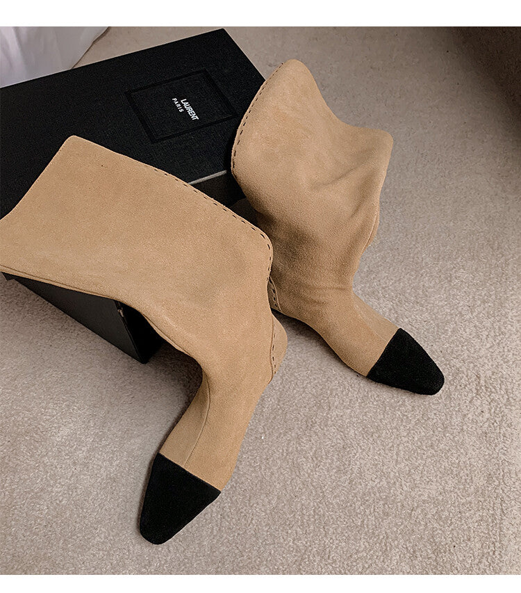 Karin Luna In Stock Spot Goods TikTok Live Hot Item Full Cowhide Leather Pointed Toe Retro Wedge Heel Stacked Boots