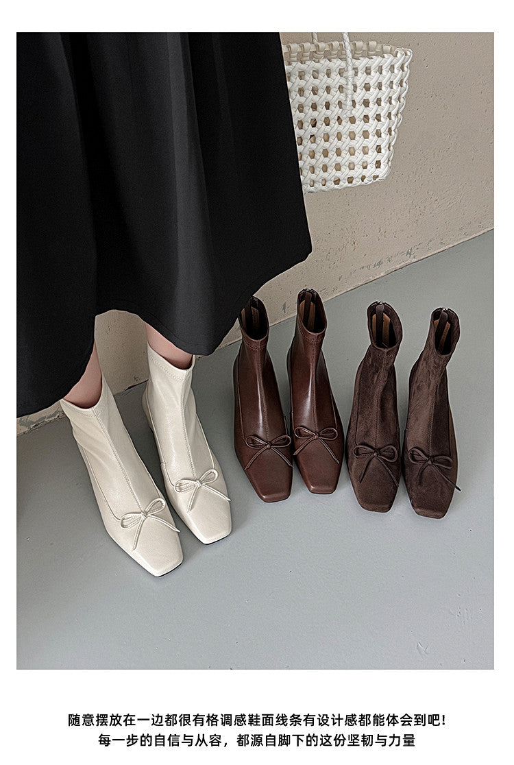 Karin Luna French Style Square Toe Bowknot Hidden Wedge Slim Boots