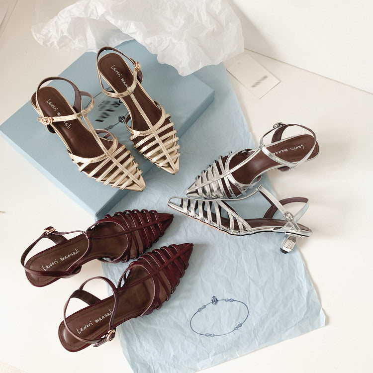 Karin Luna French Hollow Toe Metal Heel Elegant Sandals