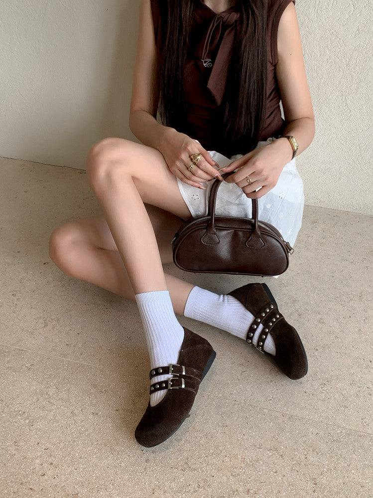 Karin Luna Hot Item Hot Item Punk Style One-Strap Round-Toe Suede Leather Height-Increasing Flats