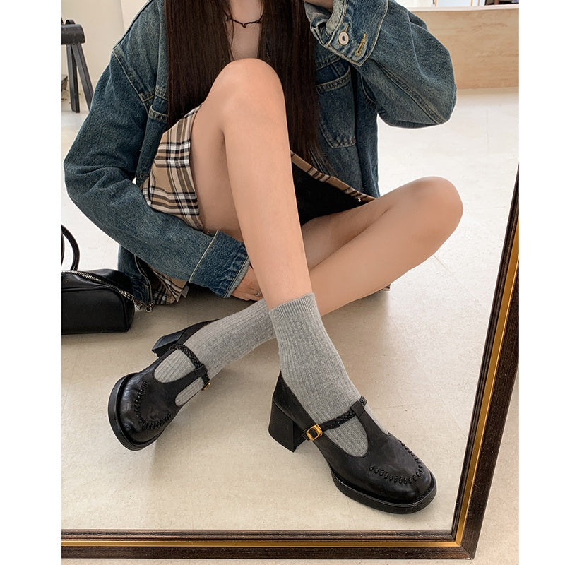 Karin Luna In Stock Spot Goods Vintage Braided Twist High Heels T Round Toe Thick Sole Single Shoes