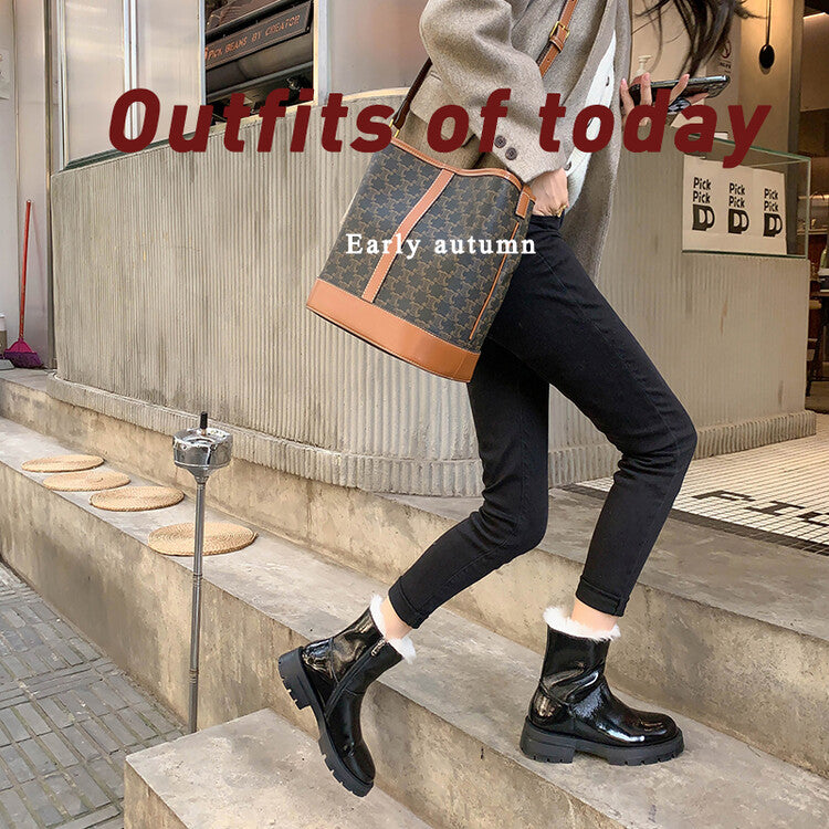 Karin Luna In Stock  Best-selling in stock Thickened Fleece Cow Patent Leather Hot-Selling Flat Short Boots