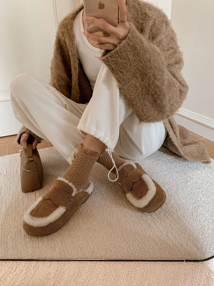 Karin Luna In Stock Look~This is such thick lamb wool Winter Atmosphere！Cowhide Leather Lamb Wool Round Toe Flat Sole Half Support！