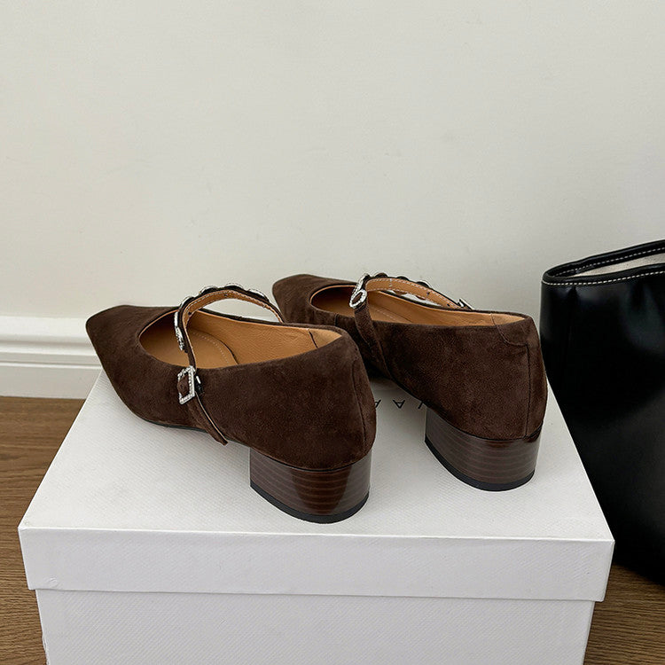Karin Luna In Stock Spot Goods  Vintage Full Leather Square Toe Rhinestone Strap Shallow Mouth Single Shoes