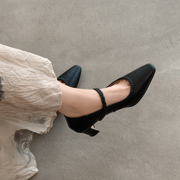 Karin Luna Braided Element Design Chunky Heel Square Toe Single Strap Shoes
