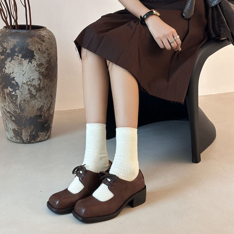 Karin Luna In Stock Spot Goods   Full leather inside and out Vegetable Tanned Hand-Grabbed Sheepskin Square-Toed Chunky Heel Single Shoes