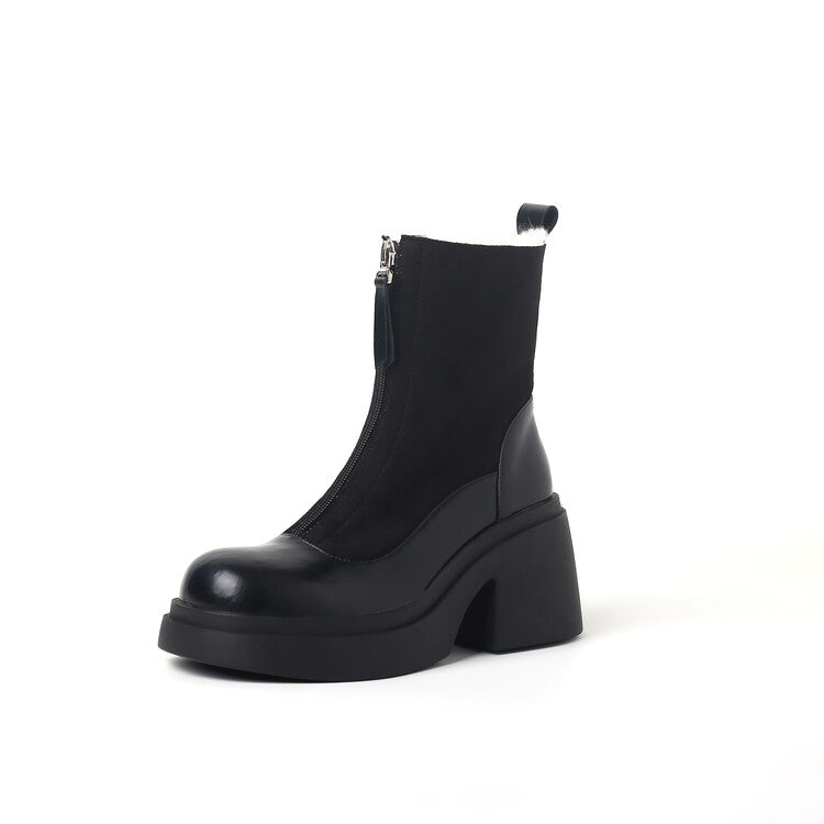 Karin Luna Basic Bestseller Timeless Thick Fur Lined Round Toe Thick Sole Cowhide Snow Boots