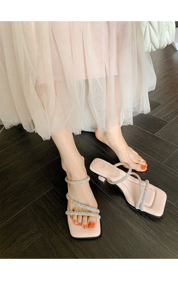 Karin Luna In Stock Spot Goods  Minimalist Versatile Square Toe Rhinestone Strap Open-Toe Sandals