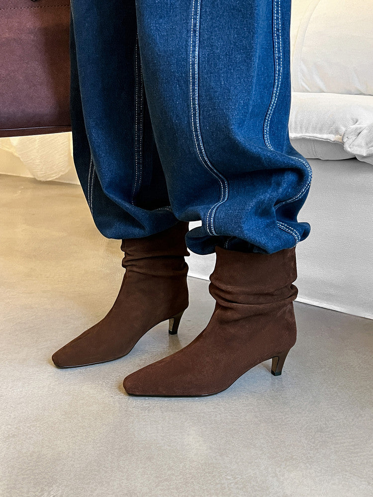 Karin Luna In Stock Spot Goods  Retro Wrinkled Small Square Toe Short Boots