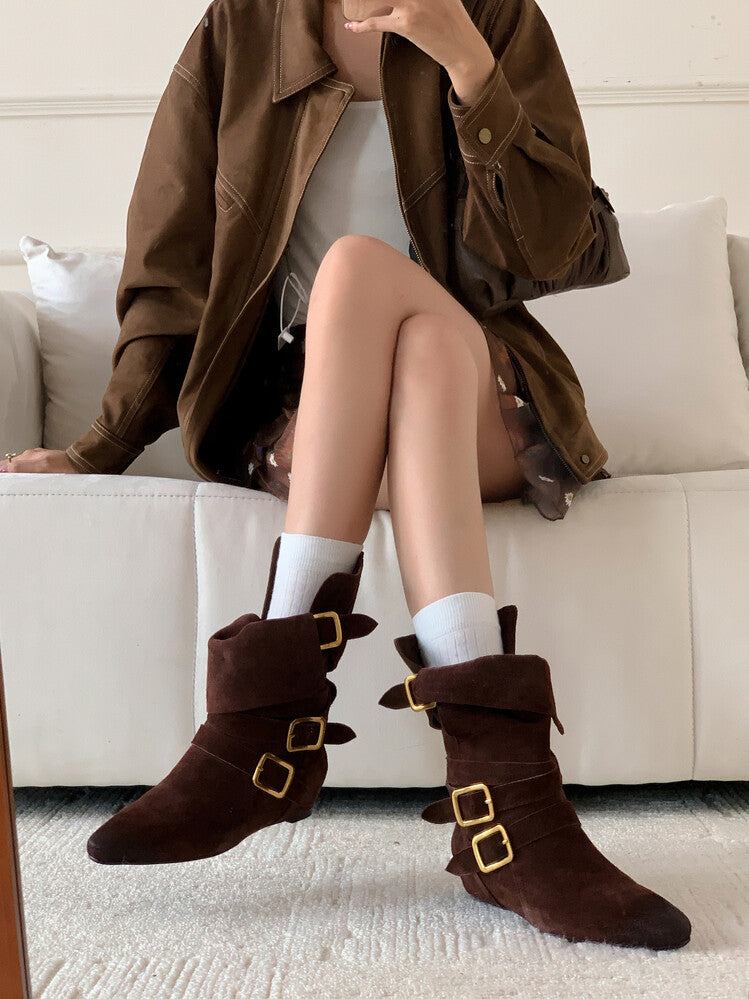 Karin Luna Cow Leather Small Square Toe Belt Buckle Fashion Boots