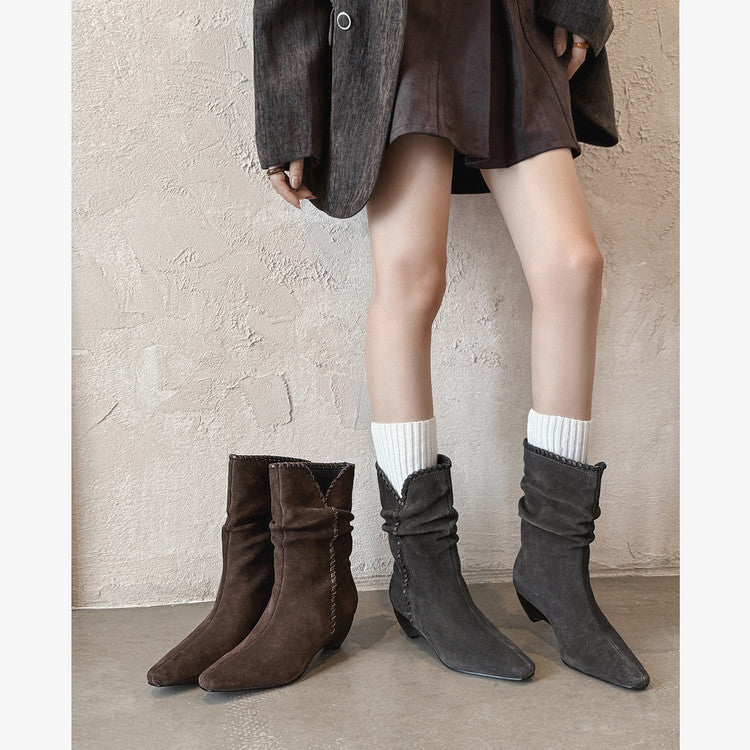 Karin Luna Elegant Style Small Square Toe Pleated Short Boots