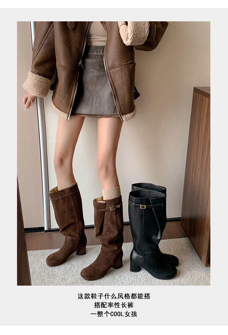 Karin Luna In Stock In Stock Mango Head Large Tube Belt Buckle Chunky Heel Long Boots
