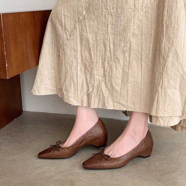 Karin Luna Full Layer Inside and Out~Basic Versatile Small Square Toe Butterfly Knot Irregular Heel Single Shoes