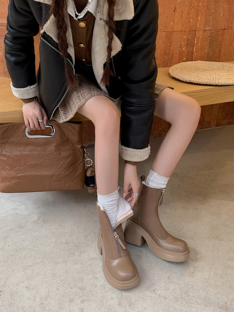 Karin Luna Basic Bestseller Timeless Thick Fur Lined Round Toe Thick Sole Cowhide Snow Boots