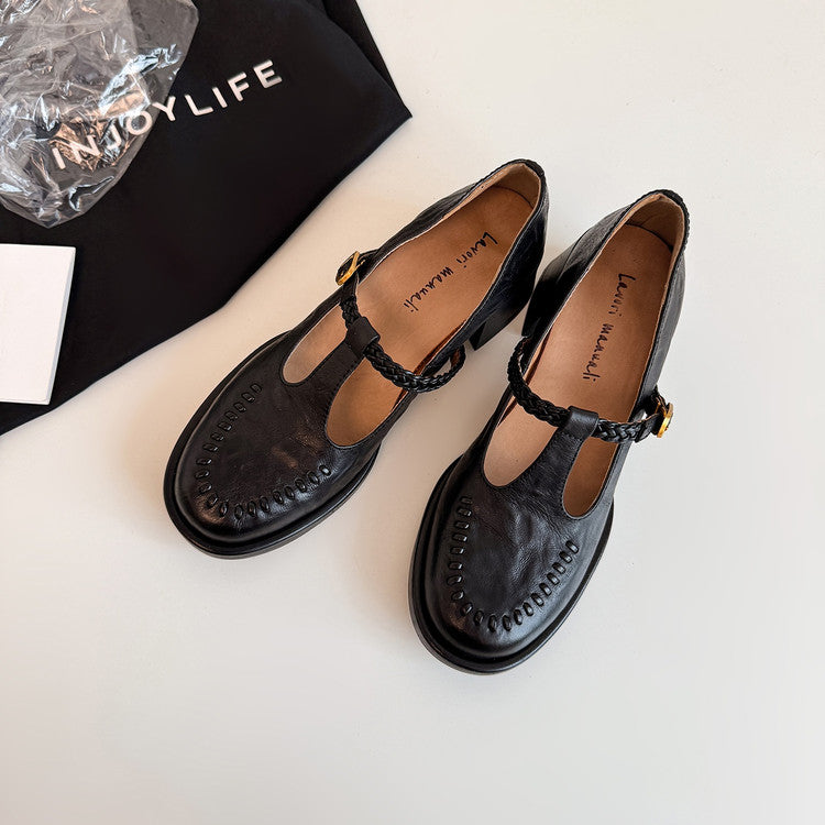 Karin Luna In Stock Spot Goods Vintage Braided Twist High Heels T Round Toe Thick Sole Single Shoes