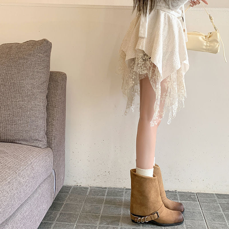 Karin Luna Elegant Style Square Toe Belt Buckle Pants Boot Short Boots