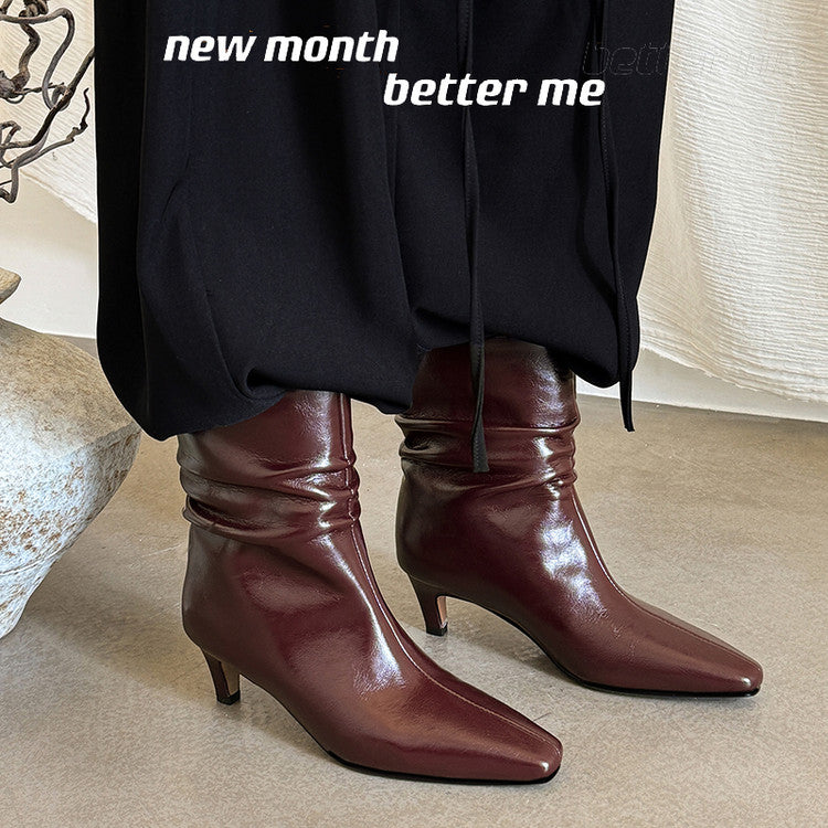 Karin Luna In Stock Spot Goods  Retro Wrinkled Small Square Toe Short Boots