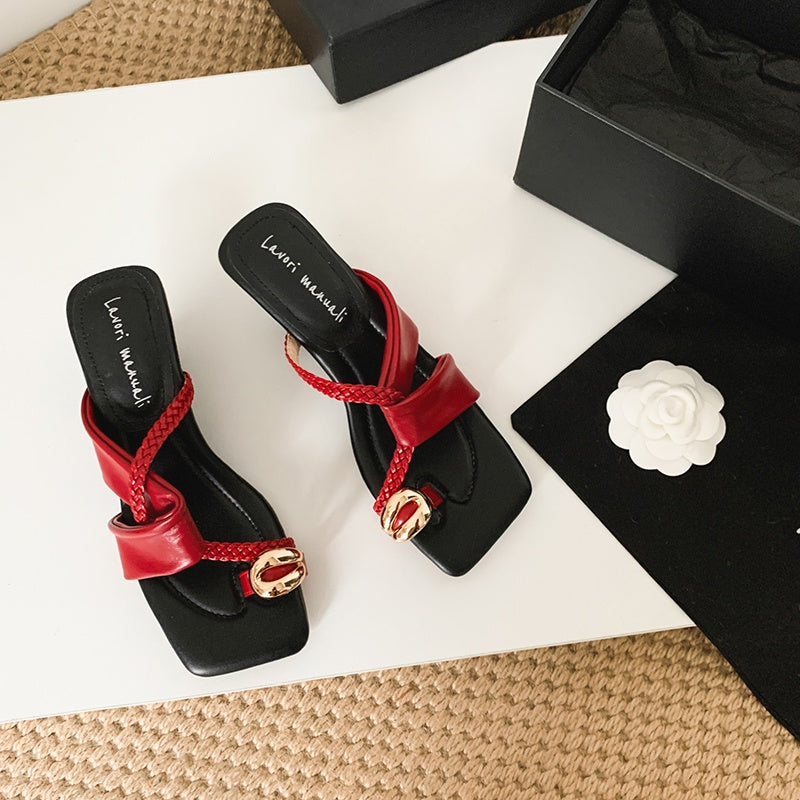 Karin Luna Braided Style ~Cross Strap Square Toe Irregular Heel Slippers
