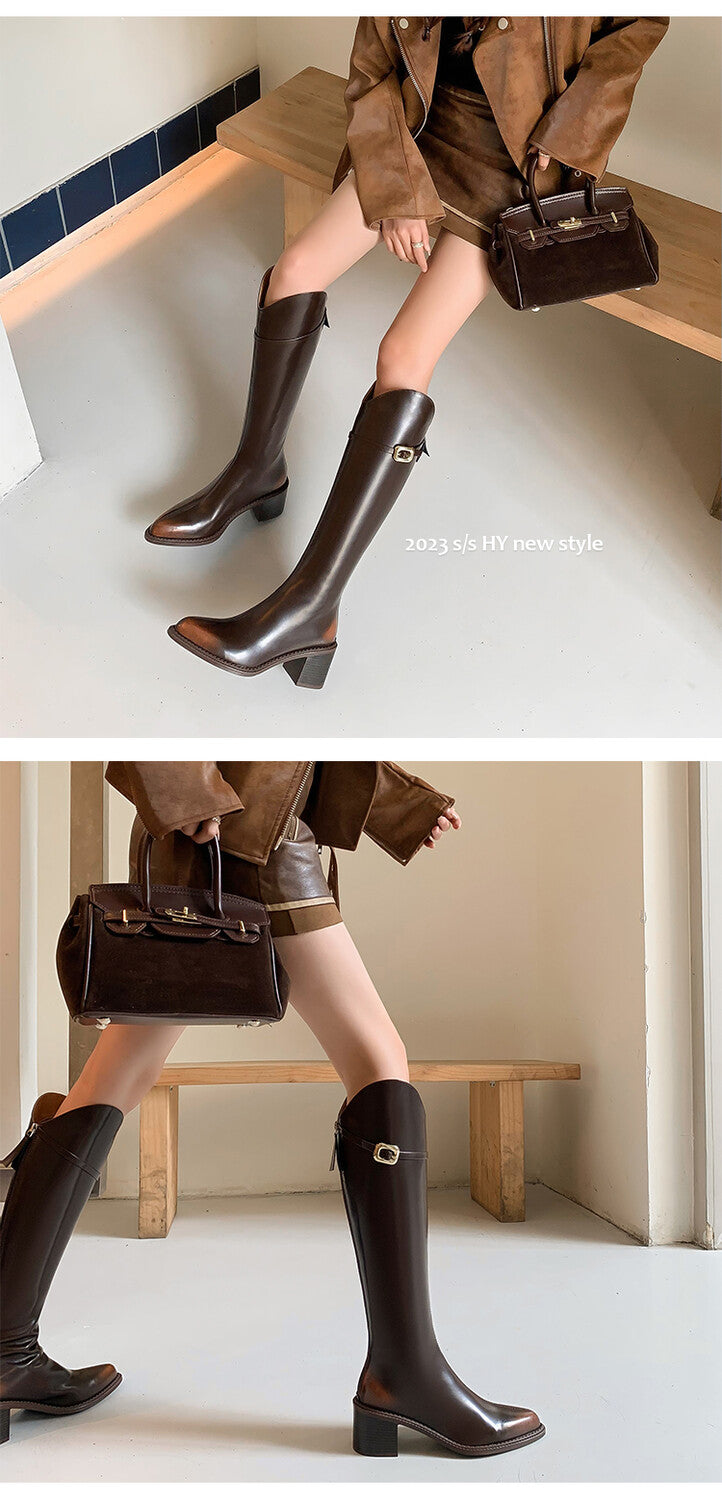 Karin Luna Bestseller  Popular Understood everything  Basic Elegant Outfit Pointed Toe Chunky Heel Full Cowhide I Am A Knight Boots