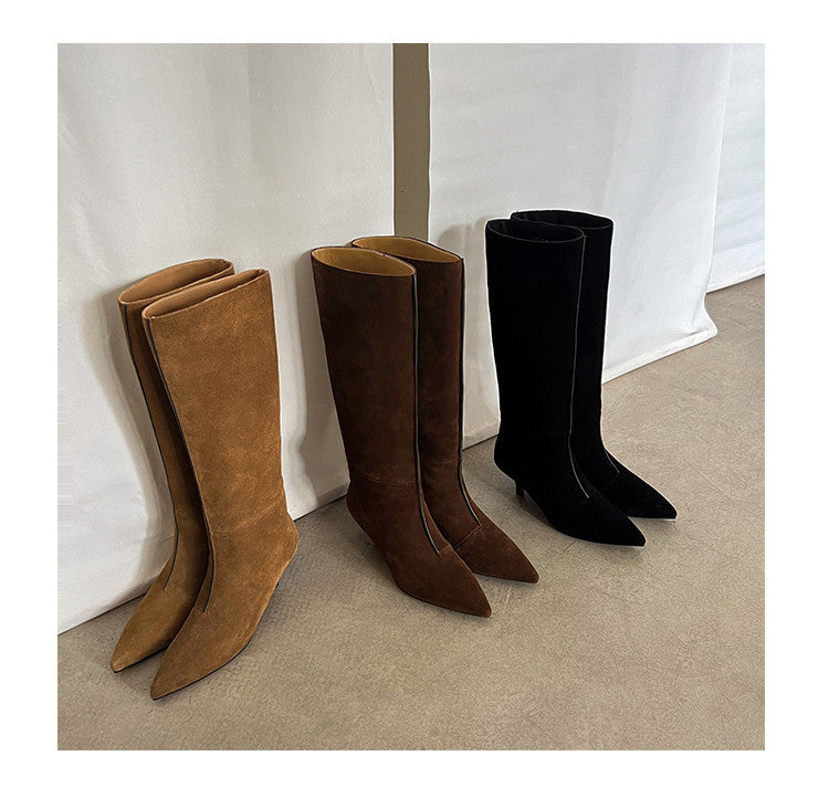 Karin Luna In Stock Spot Goods Retro Cowhide Pointed Toe Stiletto Elegant Long Boots