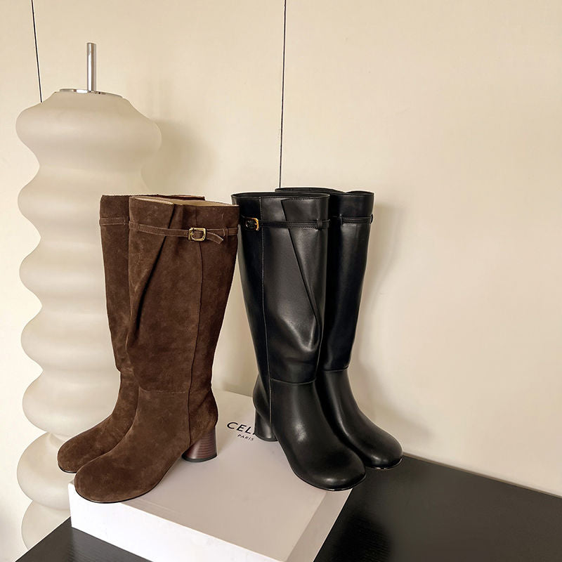 Karin Luna In Stock In Stock Mango Head Large Tube Belt Buckle Chunky Heel Long Boots