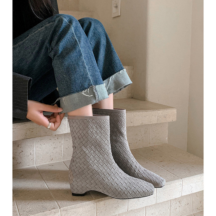 Karin Luna Handmade Woven Fabric Small Square Toe Hidden Heel Short Boots