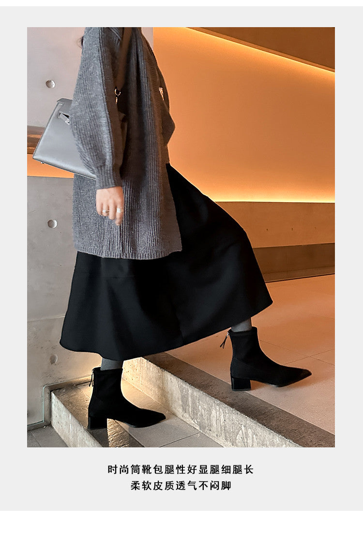 Karin Luna In Stock In Stock Elastic Slim Pointed Toe Chunky Heel Basic Ankle Boots