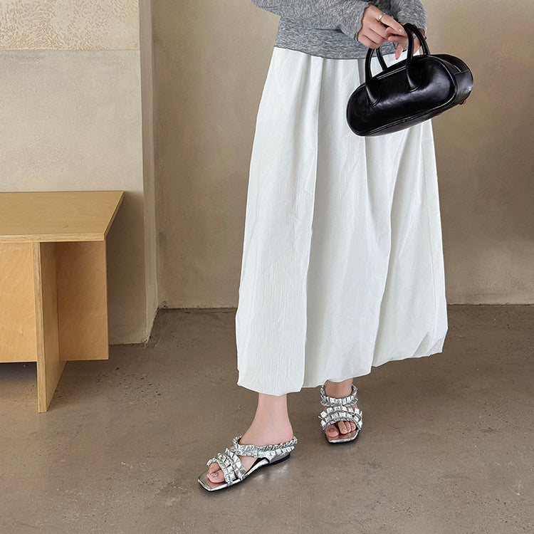 Karin Luna In Stock   Spot Goods  Niche Design Square-Toed Pleated Flat Slippers