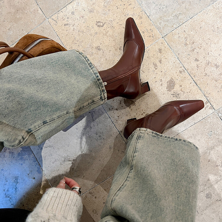 Karin Luna Elegant Small Square Toe Chunky Heel Slim Boots