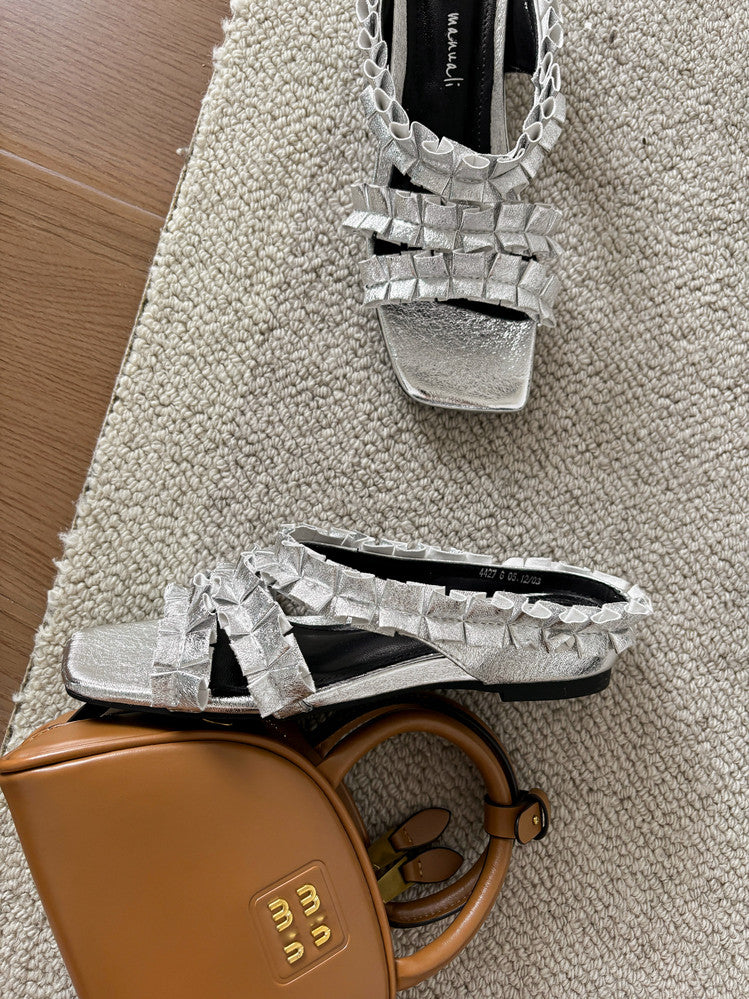 Karin Luna In Stock   Spot Goods  Niche Design Square-Toed Pleated Flat Slippers