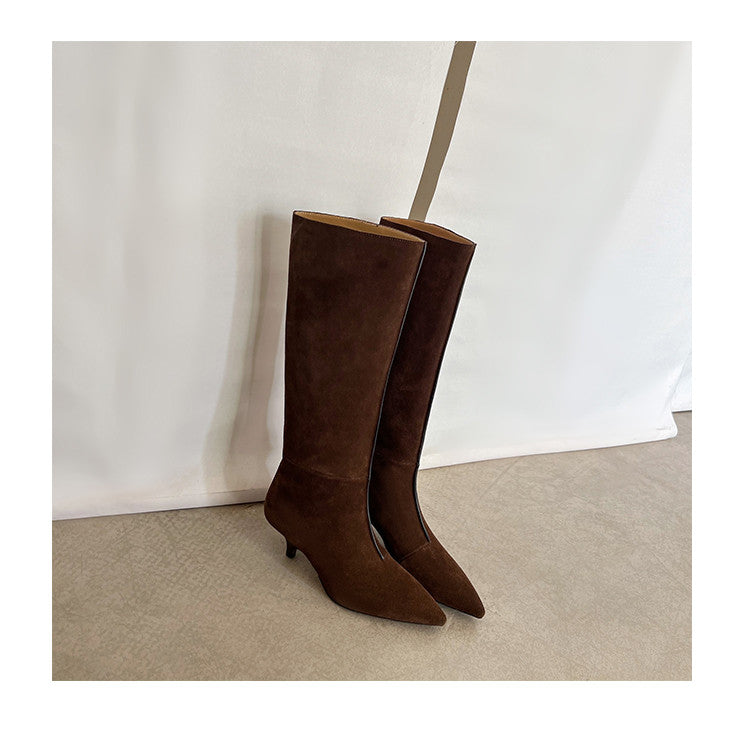Karin Luna In Stock Spot Goods Retro Cowhide Pointed Toe Stiletto Elegant Long Boots