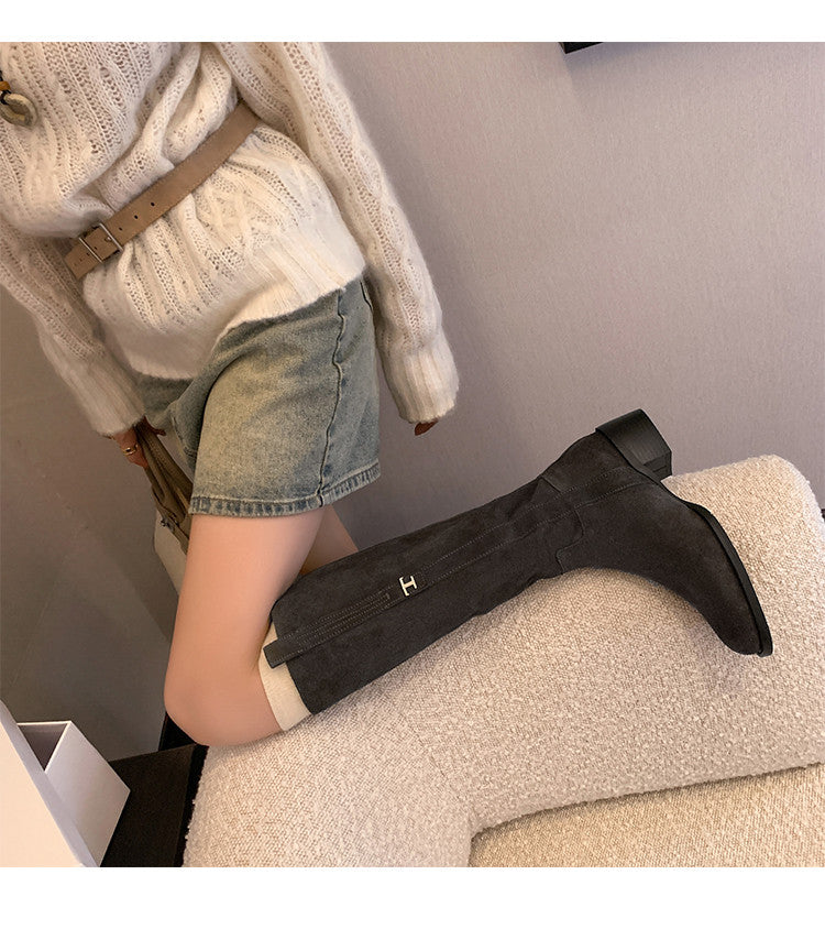 Karin Luna In Stock Spot Goods Basic Retro Square Toe Chunky Heel Riding Boots