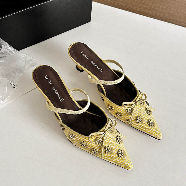 Karin Luna In Stock Spot Goods  Elegant Floral Pointed Toe Rhinestone Slippers