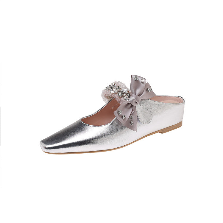 Karin Luna Handmade One-Strap Rhinestone Ribbon Square-Toe Mules