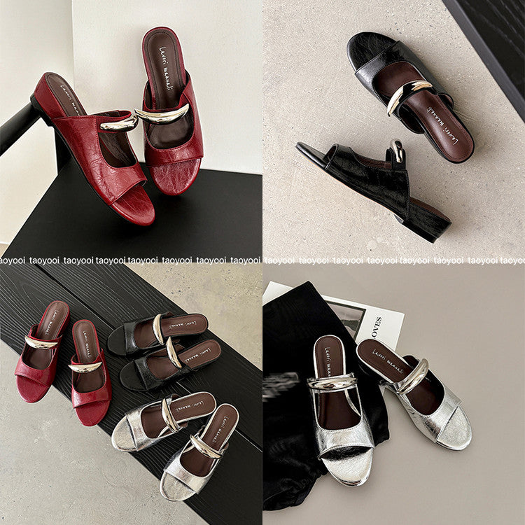 Karin Luna In Stock Spot Goods  Metal Buckle Round Toe Strap Slippers