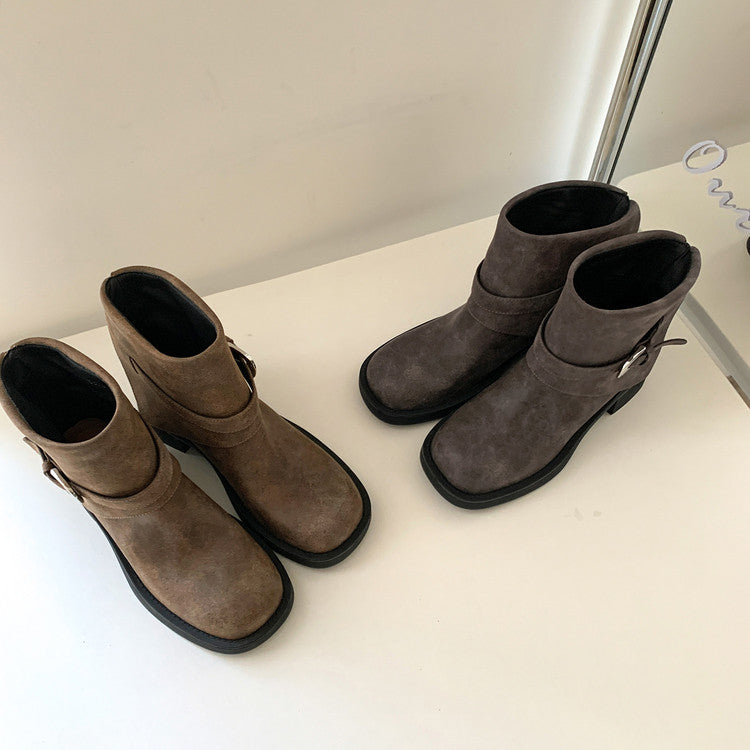 Karin Luna In Stock Spot Goods Versatile Basic Round Toe Belt Buckle Thick Sole Tube Boots