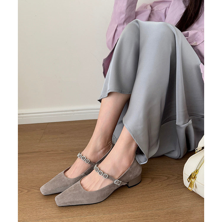 Karin Luna In Stock Spot Goods  Vintage Full Leather Square Toe Rhinestone Strap Shallow Mouth Single Shoes