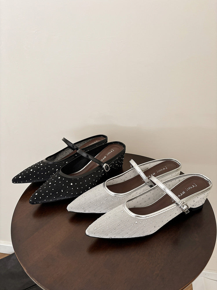 Karin Luna In Stock Spot Goods  Breathable Mesh Fabric Embellished Hand Drill Pointed Toe Slippers