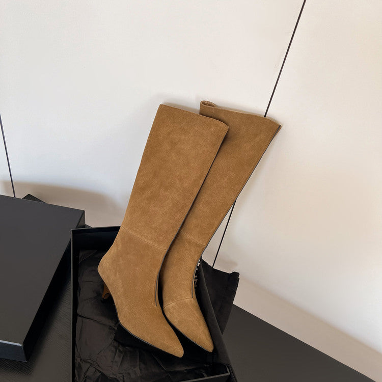 Karin Luna In Stock Spot Goods Retro Cowhide Pointed Toe Stiletto Elegant Long Boots