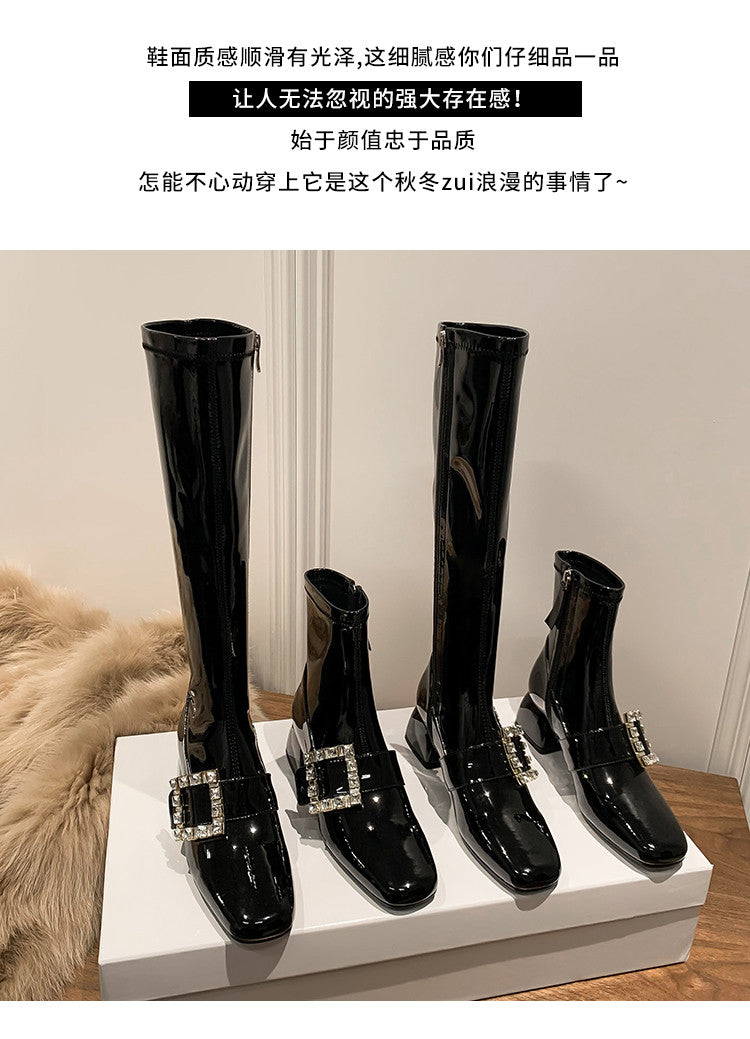 Karin Luna Elegant Style Ultra Slimming Rhinestone Chunky Heel British Style Riding Boots Long Boots