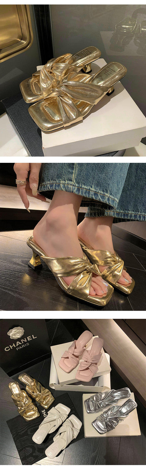 Karin Luna In Stock Spot Goods   Absolutely amazing4Color Cross Strap Thick Heel Square Toe Soft Slippers
