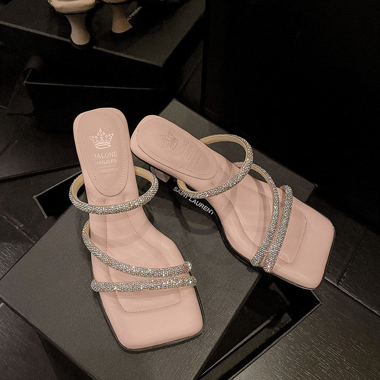 Karin Luna In Stock Spot Goods  Minimalist Versatile Square Toe Rhinestone Strap Open-Toe Sandals