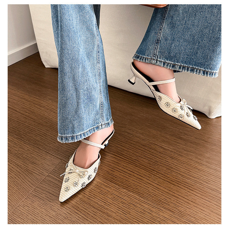 Karin Luna In Stock Spot Goods  Elegant Floral Pointed Toe Rhinestone Slippers
